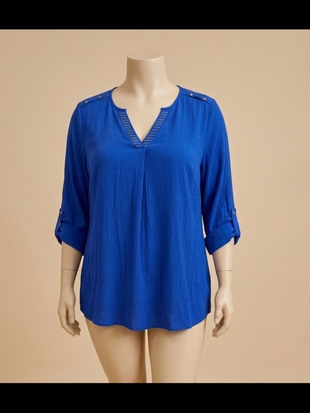 Relaxed V-Neck Roll-Sleeve Plus Women's Top in Royal Blue